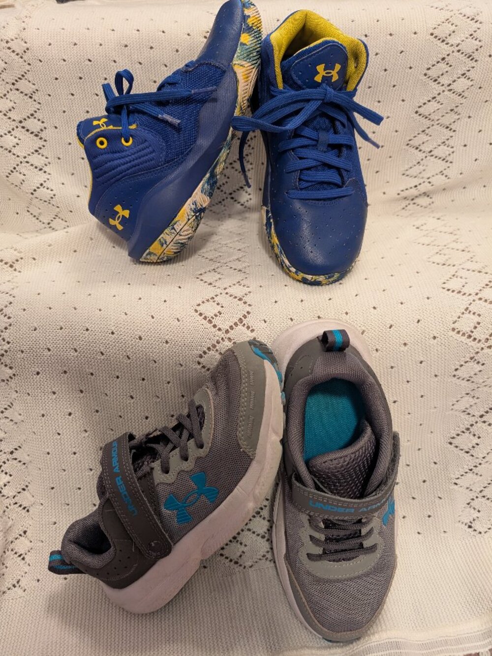 Lot! 2 pair Under Armour Shoes Sneakers Size 2Y blue yellow gray